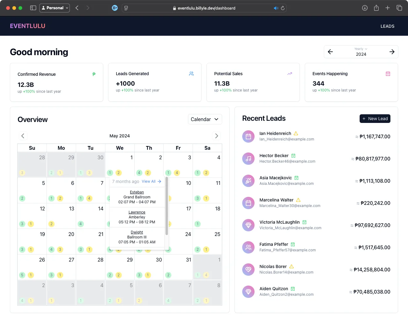 eventlulu dashboard page